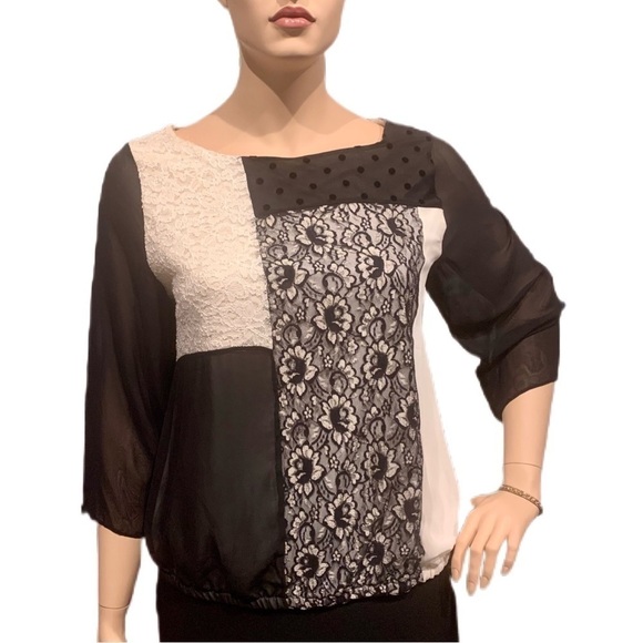 Style & Co. Tops - Style & Co Woman Blouse Black Cream Mixed Media Color-Block 3/4 Sleeves Plus 1X